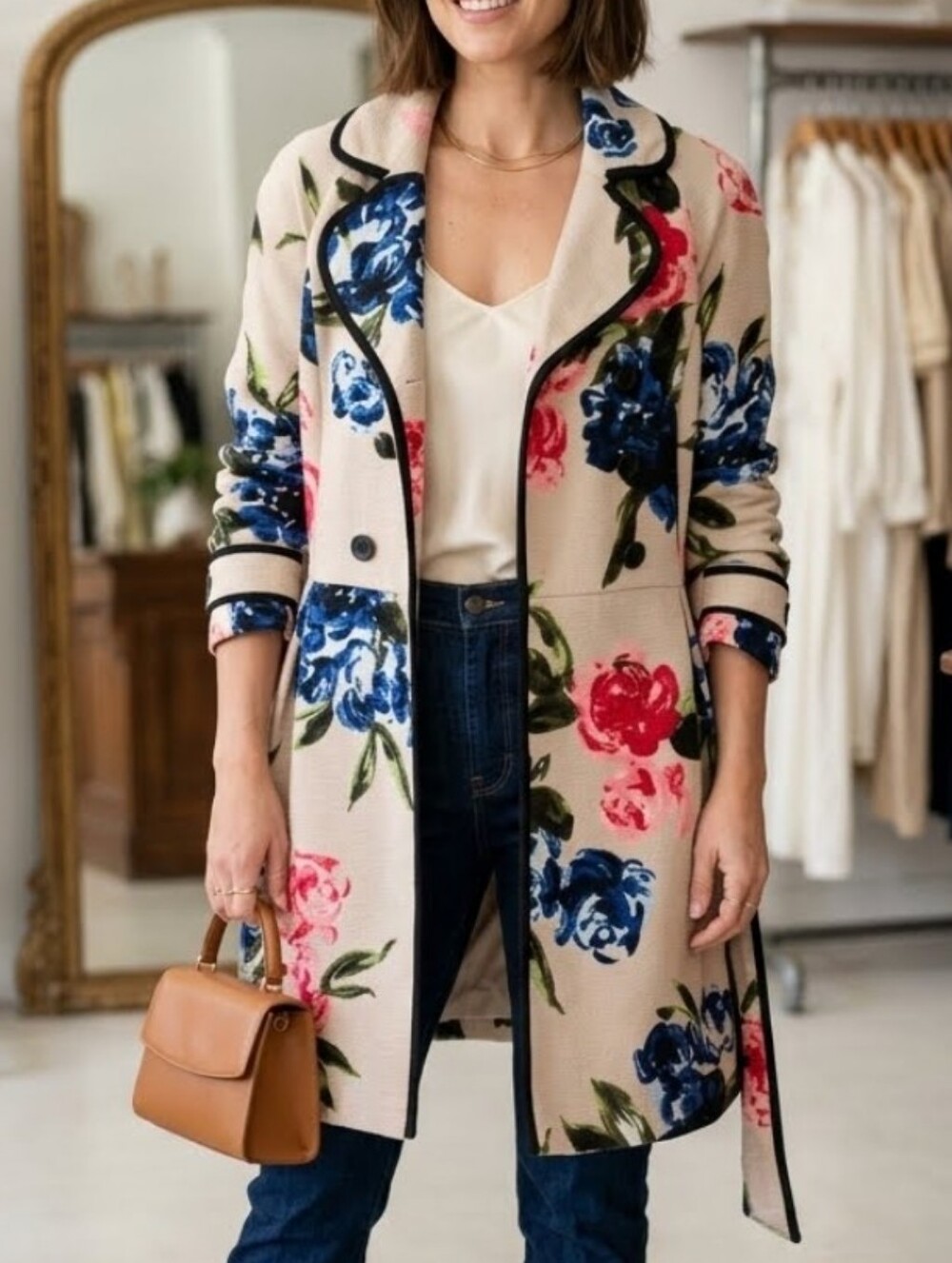 ELLE Floral Long Trench Coat in Cream with Blue & Pink Flowers Size 12